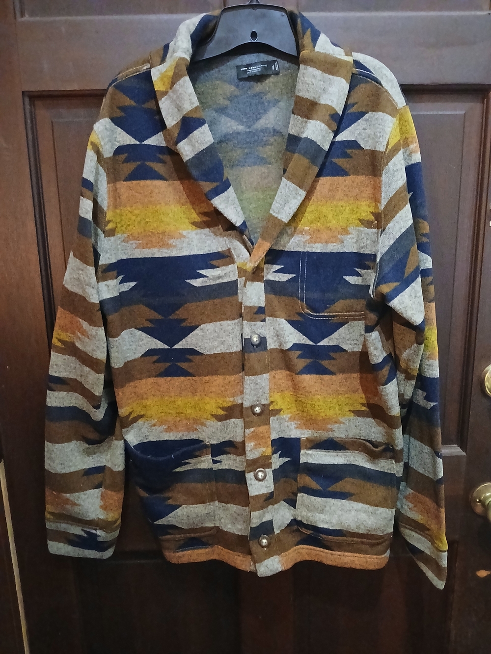 Junk Food LA Clothing Aztec Shawl-Collar Jacket in Navy, Brown & Mustard XXL